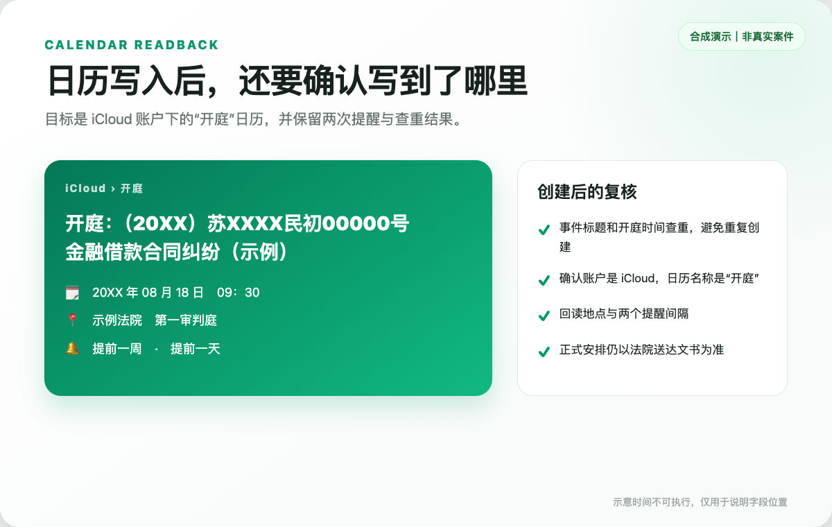 合成开庭事项写入 iCloud 日历并回读核对的功能示意